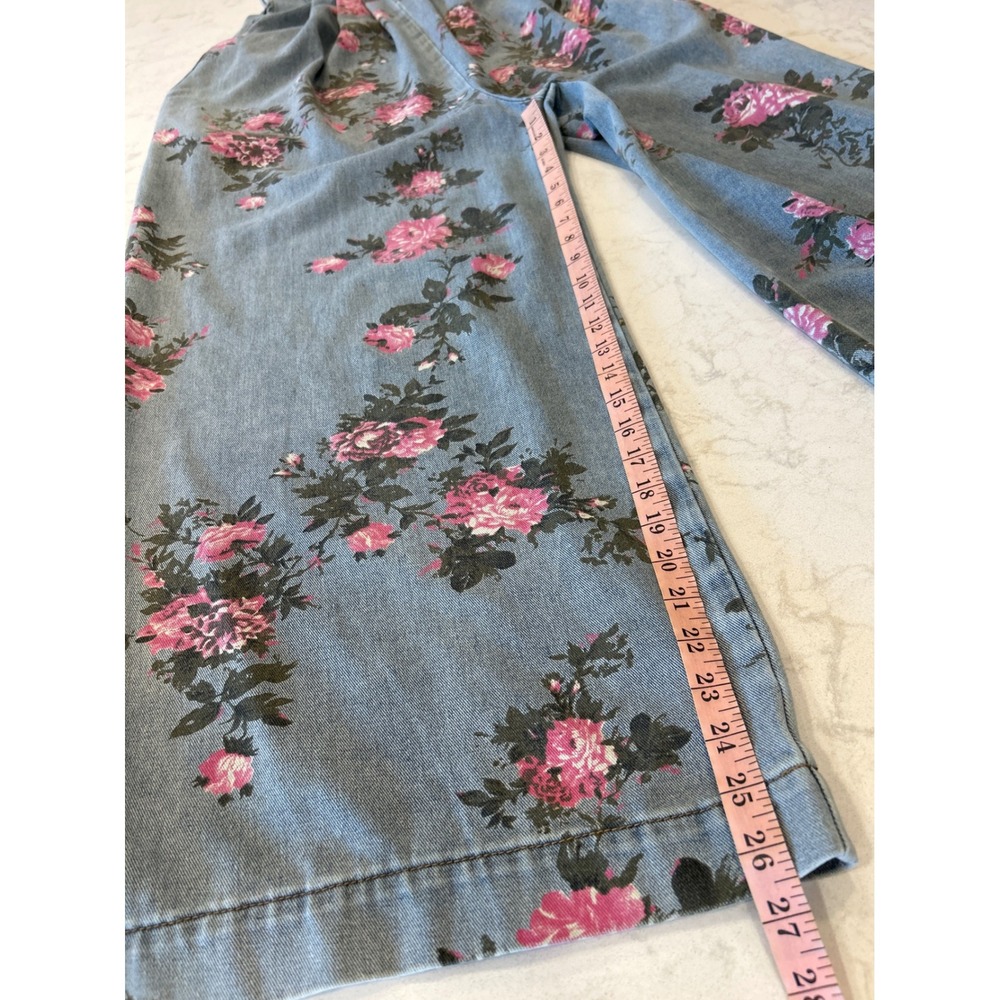 Floral Denim Overalls Wide Leg Pink Rose Print Blue Jean Jumpsuit Womens Medium - Picture 8 of 13